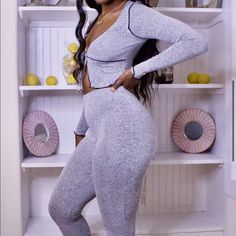 2 Piece Leggings Set With Front Tie Top Trendy Gray Activewear For Gym, Trendy Gray Activewear For Workout, Spring Gray Activewear For Gym, Gray Spring Activewear For Gym, Spring Gray Athleisure Activewear, Gray Spring Athleisure Activewear, Gray Spring Workout Activewear, Fitted Gray Activewear For Loungewear, Gray Long Sleeve Activewear For Spring