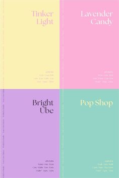 four different colored squares with the words pop shop on them in black, white and pink