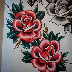 two roses with green leaves on them are shown in black and white ink, one is red and the other is grey