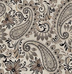 a black and white paisley print fabric with large flowers on the bottom half of it