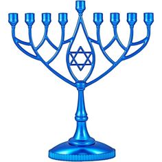 a blue menorah with five candles in it