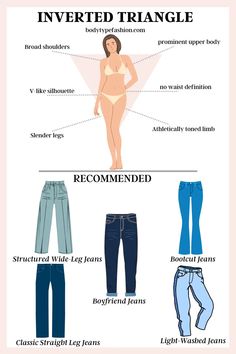 Best Jeans Styles for Inverted Triangle Body Shape - Fashion for Your Body Type Triangle Outfits, Inverted Triangle Body Shape Fashion, Inverted Triangle Body Shape Outfits, V Shape Body, Triangle Body Shape Fashion, Inverted Triangle Fashion, Triangle Body Shape Outfits, Inverted Triangle Outfits, Dress For Body Shape