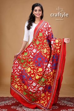 This is authentic hand embroidered Kantha Stitch Dupatta from Santiniketan, Birbhum. The unique multi-thread kantha embroidery design is entirely handcrafted by our skilled artisans. The most significant aspect of hand embroidery is the running stitch pattern that accentuates the various floral, bird, flora & fauna motifs. It's suitable for all the seasons. Dupatta Length 2.5 m | Width 44 inch | Weight: 225 gm approx. The fabric is the best quality light weight blended Bangalore Silk. Dry Clean Designer Dupatta, Block Print Saree, Kantha Embroidery, Hand Painted Sarees, Jamdani Saree, Indian Crafts, Tussar Silk Saree, Kantha Stitch, Running Stitch