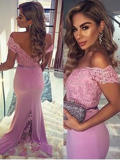 Sheath/Column Off-the-Shoulder Sleeveless Lace Floor-Length Satin Dresses Blush Pink Dress Formal, Pink Dress Formal, Backless Mermaid Prom Dresses, Blush Pink Dress, Prom Dress With Train, Popular Prom Dresses, Robes D'occasion, Evening Dress Long, Prom Dresses 2016