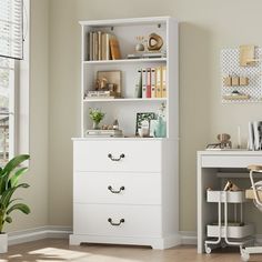 a white desk and chair in a room with a bookcase on top of it