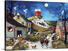 a painting of people riding horses on a road with houses and pumpkins in the background