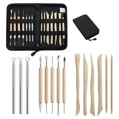 an assortment of wooden carving tools in a case