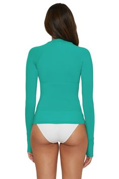 -Jenna swim rash guard top -Slim-fitting raglan long sleeve with thumb holes -Contrast rib at sleeve hem and crew-neckline -26" from high point shoulder -UPF 50 -90% Nylon 10% Spandex | Lining: 82% Nylon 18% Spandex Raglan Long Sleeve, Beach Date, Long Sleeve Rashguard, Swimsuit Shops, Kimono Dress, Romper Pants, High Point, Rash Guard, Underwire Bra