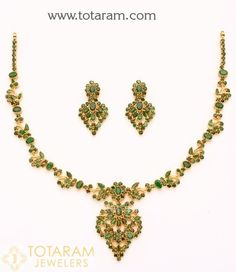 22 Karat Gold Emerald Necklace & Drop Earrings set - 235-GS1232 in 34.000 Grams Luxury Yellow Gold Emerald Necklace In Temple Style, Luxury Gold Chandbali Emerald Necklace, Luxury 22k Gold Emerald Necklace Temple Style, Luxury 22k Gold Emerald Temple Necklace, Luxury 22k Gold Temple Jewelry Emerald Necklace, Gold Emerald Necklace, Emerald Necklaces, Ruby Necklace Designs, Antique Necklace Gold