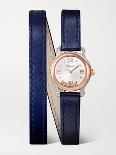 Chopard's 'Happy Sport' watch debuted in 1993 and has seen so many iterations since - while the straps and metal finishes may have changed, the technical finesse and impeccable craftsmanship remain the same. This version is made from stainless steel with 18-karat rose gold accents and has a blue leather 'double tour' strap that wraps twice around the wrist. Inside the satin-brushed sunburst dial holds five free-floating diamonds that move gently and catch the light with every wave of your hand.   For warranty information, please refer to details & care Chopard Jewelry, Stainless Bracelet, The Bling Ring, Rose Gold Watches Women, Gold Watches Women, Latest Watches, Bling Ring, Rose Gold Accents, Rose Gold Watches