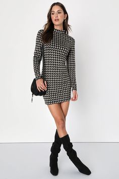 You're sure to influence everyone with your eye-catching aesthetic in the Lulus Cool Girl Status Black Print Mock Neck Long Sleeve Mini Dress! Soft and stretchy jersey knit, with a beige and black geometric print throughout, shapes this trendy dress that features a chic mock neckline framed by long fitted sleeves. Figure-hugging silhouette continues to a mini hem. Pair with your favorite knee-high boots for a casually-elevated look! Mock Neck Dress Long Sleeve, Dress With Black Boots, Perfect Winter Outfit, Geo Print Dress, Girls Status, Mock Neck Mini Dress, Lulu Fashion, Mock Neck Long Sleeve, Mock Neck Dress