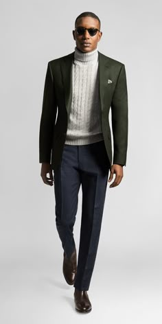 Upscale Mens Outfit, Casual Fall Suits Men, Mens Gq Fashion Outfits, Green Formal Outfit Men, Forest Green Suit Men, Turtleneck Blazer Outfit, Lawyer Fashion Men, Green Blazer Outfit Men, Formal Attire Men