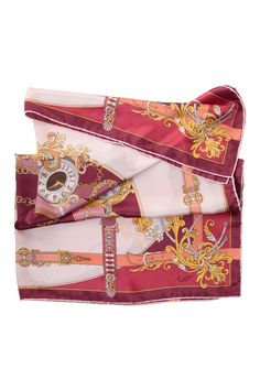 Printed on luxurious silk satin, this scarf features a charming design of pocket watches and jeweled belts, symbolizing the delicate balance of time and style. The intricate details and rich colors make this foulard a standout accessory, perfect for adding a touch of sophistication and playful charm to your wardrobe. Classic foulard size: Approx. 35" x 35". Once made famous by the likes of Audrey Hepburn, Sophia Loren and Grace Kelly, a foulard will always add a touch of elegance to your look. Hand-rolled hems: For the ultimate in luxury and sophistication, the hems are hand-rolled and sewn. 100% Silk Satin: A luxuriously soft fabric with a lustrous sheen on one side and a gentle matte finish on the other that feels oh-so sumptuous. Unlike common polyester satin, our satin is pure silk, of Classic Gold Silk Scarf, Elegant Silk Square Scarves, Pink Luxury Silk Scarf, Elegant Pink Scarf For Formal Occasions, Designer Silk Scarves For Formal Occasions, Elegant Red Square Silk Scarf, Formal Satin Scarves, Elegant Formal Pink Scarves, Elegant Pink Formal Scarves