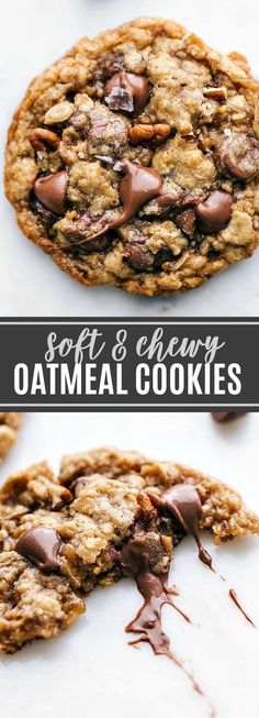 an oatmeal cookie with chocolate chips on top and the words, soft & chewy oatmeal cookies