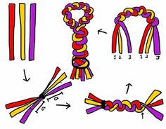 the instructions for how to tie a necklace with colored ribbons and beads, including two different colors