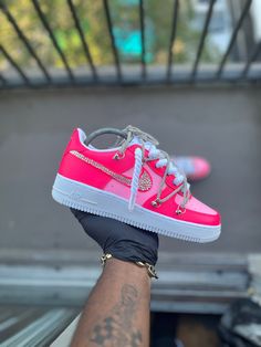 Custom Hot pink Air force 1s - Kiaun's Customs LLC Pink Customized Air Force 1, Baddie Shoes Sneakers Nike, Pink Rope Laces Af1, Nike Air Tennis Shoes, Pink Lv Air Force 1, Cute Birthday Shoes, Pink And Yellow Shoes, Hot Pink Air Force 1, Customize Air Force 1