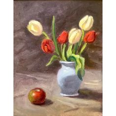 a painting of tulips and an apple in a vase