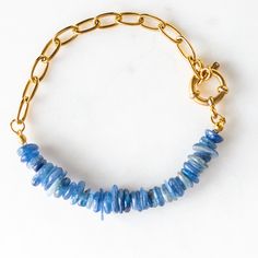 This Unique Handcrafted Statement Piece Features Beautiful Blue Genuine Kyanite Chips With Half Gold Pvd On Stainless Steel (Water-Friendly & Hypoallergenic) Chunky Paperclip Chain. Meaning & Energy: Kyanite Is A Powerful Crystal With Incredible Energetic Properties. Known To Enhance Communication, Mental Clarity, And Decision-Making. It Also Has A Calming And Grounding Energy, Aligns Chakras, And Connects Us To Our Intuitive Abilities. Kyanite Is The Alternative Birthstone For February And Marc Everyday Blue Bracelet With Adjustable Chain, Blue Adjustable Chain Bracelet For Everyday, Everyday Blue Bracelet Jewelry, Blue Everyday Bracelet Jewelry, Elegant Blue Chain Bracelet For Everyday, Everyday Blue Gemstone Beads Jewelry, Adjustable Blue Chain Bracelet, Blue Gemstone Bracelets For Everyday Wear, Classic Athleisure