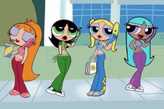 the powerpuff girls are all talking on their cell phones in this animated scene