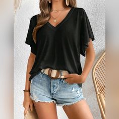 New Chic Casual V Neck Flutter Sleeve Tee Shirt * Short Flutter Sleeve * V Neck * Soft Stretch Pullover * Lightweight Semi Sheer Knit * Loose Oversized Fit *Approximate Unstretched Measurements* Xs (2) *Bust 41.5" * Sleeve Length 8" * Length 23.75" Small (4) *Bust 43.25" * Sleeve Length 8.25" * Length 24.25" Medium (6) *Bust 44.75" * Sleeve Length 8.5" * Length 24.5" Large (8/10) *Bust 47.25" * Sleeve Length 8.75" * Length 25.25" Xl (12) *Bust 49.5" * Sleeve Length 9" * Length 25.75" ** In Trans Trendy Flowy Top With Ruffle Sleeves, Trendy Flowy Tops With Ruffle Sleeves, Flowy Short Sleeve Tops For Fall, Casual Ruffle Sleeve T-shirt For Summer, Casual Summer T-shirt With Ruffle Sleeves, Summer Solid Color Tops With Ruffle Sleeves, Summer Tops With Ruffle Sleeves In Solid Color, Summer Ruffle Sleeve Tops In Solid Colors, Casual Butterfly Sleeve Blouse For Fall