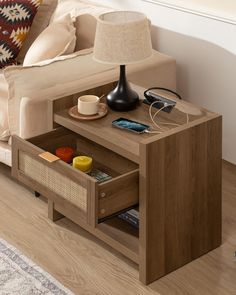 a living room scene with focus on the coffee table and storage drawer in the middle