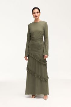 Sabrina Waterfall Mesh Maxi Dress - Smokey Olive Clothing Veiled Olive Green Dress Modest, Olive Summer Outfits, Modest Sets, Casual Maxi Dresses, Olive Dress Outfit, Modest Dress Outfits, White Dress Formal, Modest Maxi, Olive Dress