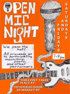 an orange and white poster with the words open mic night