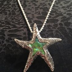 This Pendant Is 2.0 Inches By 2.0 Inches And Comes With A 22-Inch Sterling Silver Rope Chain. The Earrings Are 1.0 Inches All Around And Have A Drop-Down Length Of 1.5 Inches. Http://Www.Venicebytheseajewelry.Com/ All My Pieces Have A .925 Sterling Silver Stamp On Them 5-Star Rating- On Etsy With Products, Customer Service, Shipping, And Customer Responses. Check Us Out At Pinterest-Venice By The Sea Jewelry 1 Unique Starfish Jewelry As A Gift, Silver Starfish Charm Pendant Jewelry, Silver Starfish Jewelry For Gifting, Silver Starfish Jewelry As Gift, Silver Starfish Jewelry For Gifts, Bohemian Silver Jewelry With Starfish Charm, Silver Starfish-shaped Jewelry Gift, Nickel-free Star-shaped Ocean-inspired Jewelry, Green Starfish Charm Jewelry As Gift