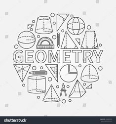 the word geometric is written in a circle surrounded by various shapes and lines on a white background