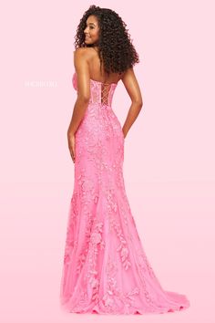 Sherri Hill 54227 bright pink shimmering and beaded strapless long dress with sweetheart neckline, exposed boning and a lace up back. Pink Dress With Lace-up Back And Fitted Bodice, Pink Strapless Gown With Fitted Bodice, Pink Strapless Evening Dress For Gala, Pink Strapless Gala Evening Dress, Pink Backless Gown For Prom Season, Pink Gown With Sweetheart Neckline And Lined Bodice, Strapless Pink Dress With Sweep Train, Pink Strapless Dress With Sweep Train, Sweetheart Neckline Gown With Lace Back For Prom