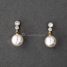 Pearl Drop Crystal Earrings - Cassandra Lynne Hanging Pearl Earrings, Pearl Hanging Earrings Gold, Classic Pearl Embellished Drop Earrings, Classic Pearl Bridal Earrings In Pearl White, Classic Pearl Bridal Earrings, Classic White Pearl Bridal Earrings, Classic Pearl Chain Bridal Earrings For Anniversary, Classic Bridal Earrings With Pearl Chain For Anniversary, Classic Formal Bridal Earrings With Pearl Chain