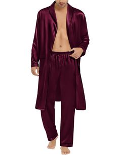 PRICES MAY VARY. 🛀Premium Fabric: Classic men's Bathrobe with Pants made of 95% Polyester, 5% Spandex silk satin material, luxuriously soft, lightweight material with silky feel for comfy night sleep 🛀2PCS Sleepwear: Men's Kimono bathrobe with pants set included a knee-length, long-sleeve robe with two front pockets, classical v-neck design with two pockets for small items; belt loops and inside ties for free adjustment; pants with soft elastic waist. Very comfortable for wearing around the ho Solid Satin Finish Sleepwear For Loungewear, Fitted Satin Robe For Loungewear, Mens Silk Pajamas, Men's Kimono, Kimono Bathrobe, Dr Wardrobe, Silky Robe, Male Kimono, Bathrobe Men