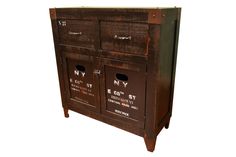 an old wooden cabinet with three drawers and two doors on the front, one door open