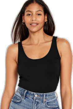 Basic Cotton Tank Top With Scoop Back, Basic Fitted Tank Top With Scoop Back, Casual Fitted Top With Wide Straps, Trendy Fitted Top With Wide Straps, Fitted Elastane Scoop Neck Tank Top, Casual Tank Top With Scoop Back And Seamless Construction, Fitted Tops With Wide Straps In Basic Style, Basic Fitted Tops With Wide Straps, Fitted Black Tank Top With Scoop Back