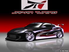 a black sports car with red and white stripes on it's side, next to the japan tuning logo