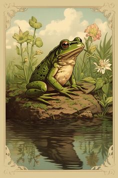 a frog sitting on top of a rock next to a body of water and flowers