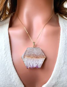 "'Anaya\" This is one of the most beautiful and unique amethyst necklaces you will ever see! The 24k gold-edged hexagon shaped stone has an intricate pattern of purple, pink, orange, and tan making it a fabulous one-of-a kind statement piece! 11\" Long Pendant: Approximately 45mm x 40mm 14k Gold-filled Chain Amethyst Necklace, Raw Amethyst, Hexagon Necklace, Amethyst Crystal, February Birthday Gift, Aquarius Birthstone" Gold Amethyst Necklace With Raw Stone, Hexagon Gemstone Necklace As A Gift, Hexagonal Gemstone Necklace As Gift, Hexagonal Gemstone Necklace For Gifts, Amethyst Necklace With Large Pendant For Healing, Spiritual Hexagon Gemstone Jewelry, Gold Amethyst Crystal Necklace, Faceted, Amethyst Necklaces, Raw Amethyst Crystal