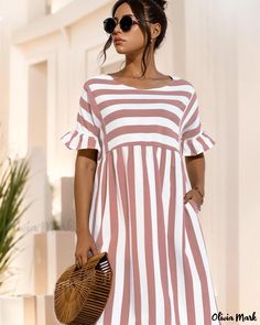 OliviaMark - Robe rayée à manches évasées pour les soirées de plage sophistiquées avec choix de couleurs multiples Mode Tips, Flare Sleeve Dress, Ruffle Sleeve Dress, Mini Robes, Casual Stripes, Patchwork Dress, Daily Dress, Loose Dress, Pocket Dress