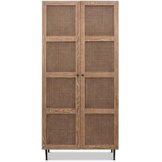 a tall wooden cabinet with wicker doors