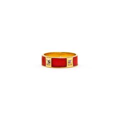 Stylish blocks of crimson red enamel accented by a gold band set with white Diamonds. - White Diamonds weight approx .20 Carats.- Crimson red high gloss enamel.- Set in 18 Karat Gold.- Size 7, not resizable. Crimson Red, Red High, Diamond Rings Bands, Gold Set, Gold Band, White Diamonds, Gold Bands, Band Ring, Diamond White