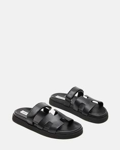 MAYVEN Black Leather Flatform Slide Sandal | Women's Sandals – Steve Madden Black Steve Madden Sandals Outfit, Summer Sandals Women 2024, Mayven Sandals, Chunky Black Sandals Outfit, Steve Madden Sandals Outfit, Steve Madden Mayven, Black Sandals Outfit, Holiday Sandals, Steve Madden Black Sandals