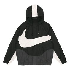 The Men's Nike Sportswear Swoosh Hooded Woven Large Logo Jacket Autumn Black is the perfect combination of style and comfort. The black colorway and large logo make it the perfect addition to any wardrobe. The lightweight fabric and adjustable hood make it ideal for outdoor activities, while the unique design is inspired by the Nike Sportswear series. Whether you're running errands or taking a walk, this jacket is sure to keep you warm and stylish. Hooded Outerwear For Streetwear During Sports Season, Nike Track Jacket For Streetwear, Nike Sportswear Track Jacket For Streetwear, Nike Sporty Hoodie For Streetwear, Functional Nike Hoodie For Streetwear, Nike Hoodie Track Jacket For Streetwear, Nike Sportswear Hooded Jacket For Streetwear, Nike Hooded Jacket For Streetwear, Windproof Athleisure Track Jacket For Streetwear