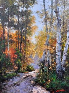 an oil painting of a path in the woods