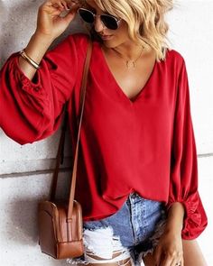 Chiffon  Sexyt Solid V Neck Women Tops Holiday Fall Daily Casual Blouse Pleated Chiffon Blouse, V Neck T Shirts, Lantern Sleeved Blouses, Neck Women, Womens Tops Summer, Bishop Sleeve, Loose Blouse, Chiffon Shirt, Lantern Sleeve