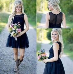 a woman in a short black dress holding flowers and wearing cowboy boots, standing on a gravel road