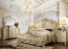 a fancy bedroom with white walls and gold furniture