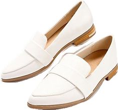 Elegant Pointed Toe Slip-on Flats For Work, Modern White Slip-ons For Work, Spring Business Casual Flat Slip-ons, Spring Business Casual Plain Toe Slip-ons, Business Casual Plain Toe Slip-ons For Spring, White Pointed Toe Slip-ons For Work, Trendy Formal Flat Slip-ons, Classic Spring Business Casual Slip-ons, Pointed Toe Business Slip-ons For Spring