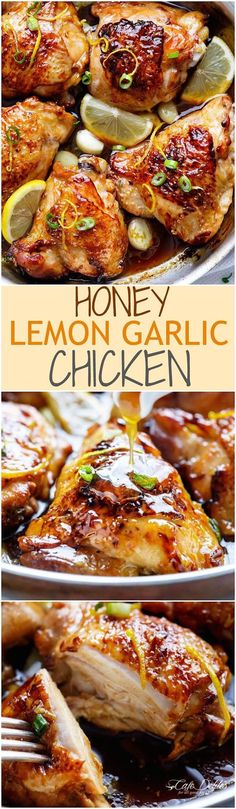 honey lemon garlic chicken on a platter with text overlay