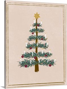 a lit christmas tree with candles in the shape of an xmas tree on a beige background