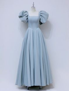 Satin Dress Puff Sleeves, Light Blue Floor Length Dress, Puff Prom Dress, Long Blue Prom Dress, Light Blue Ball Gown, Blue Long Formal Dress, Cheap Formal Dresses Long, Dress Blue Long, Champagne Formal Dresses